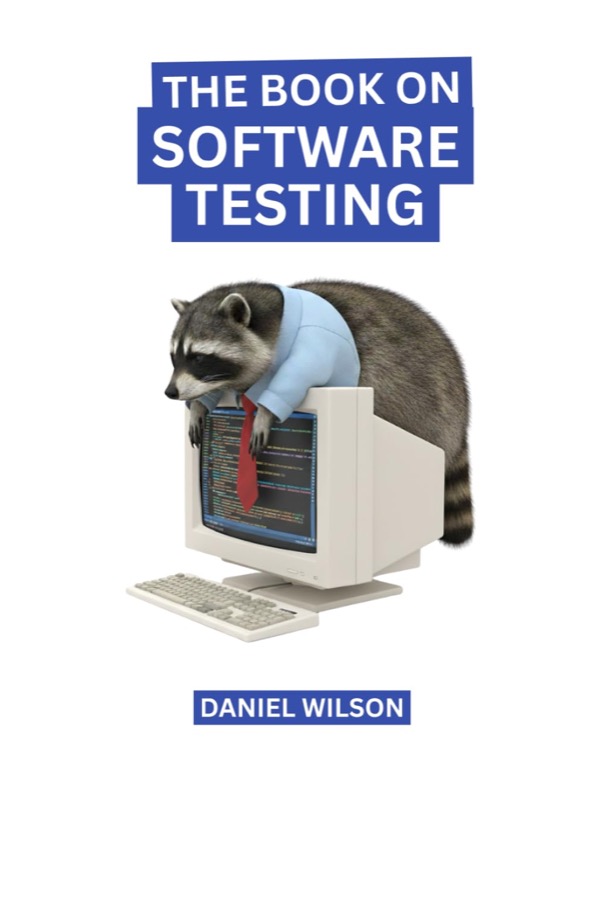 Cover of The Book On Software Testing by Daniel Wilson: a raccoon in a shirt and tie slumped over an old computer